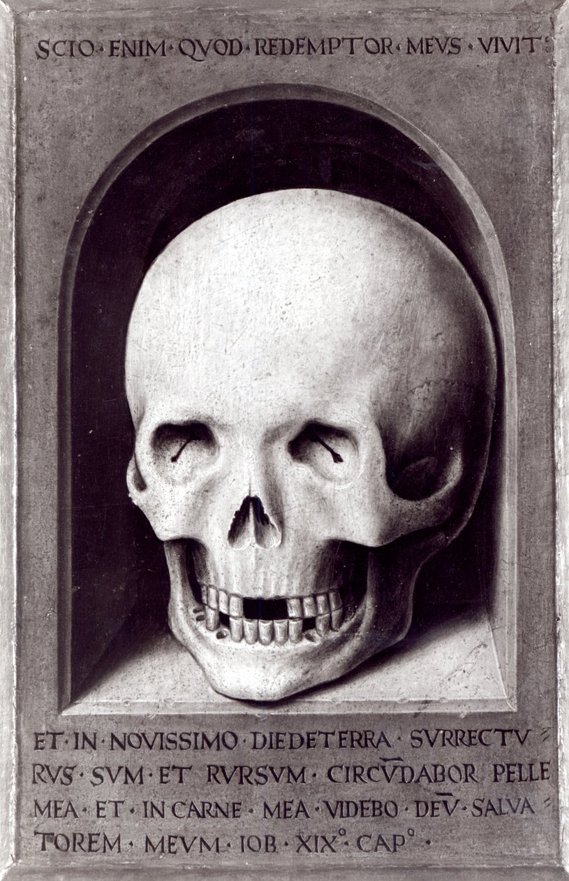 Schedel, rechter paneel achterkant van het Drieluik van Aardse IJdelheid en Goddelijke Verlossing door Hans Memling