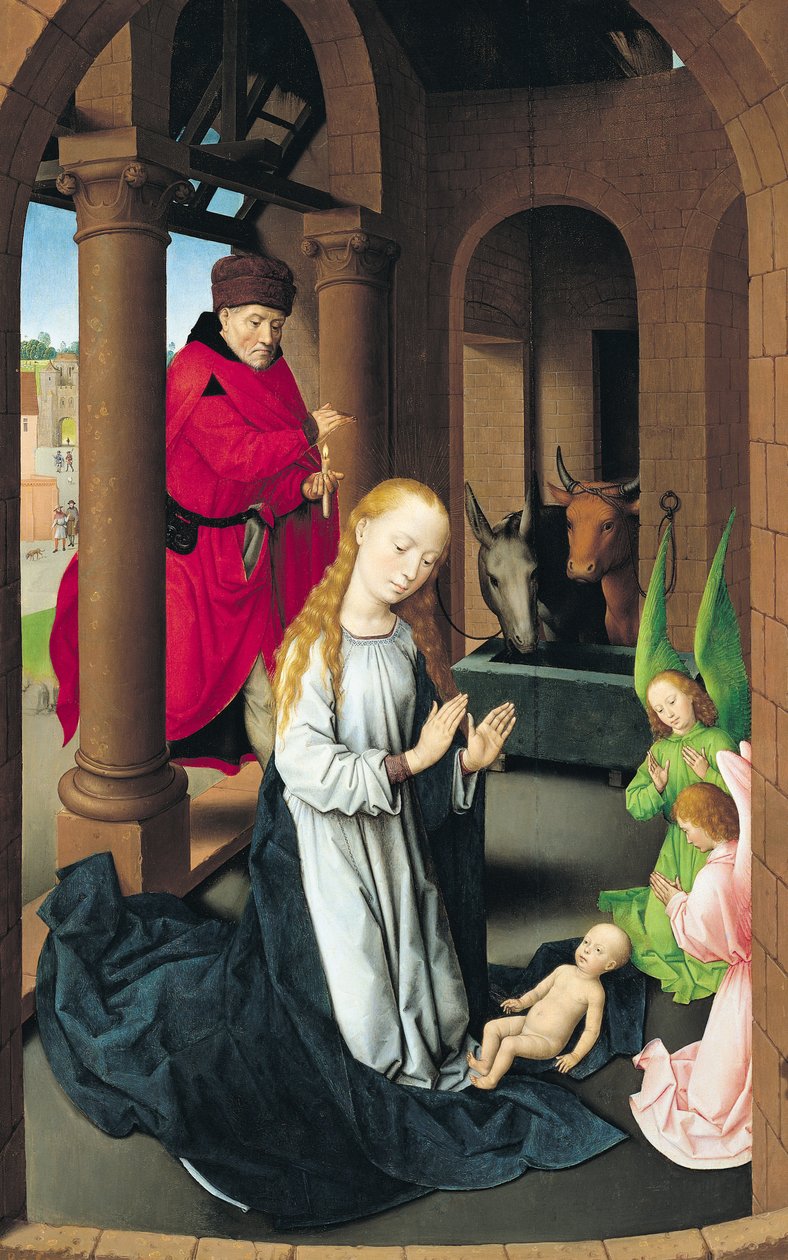 De geboorte van Christus, linker vleugel van een drieluik van de aanbidding der wijzen, ca. 1470-72 door Hans Memling