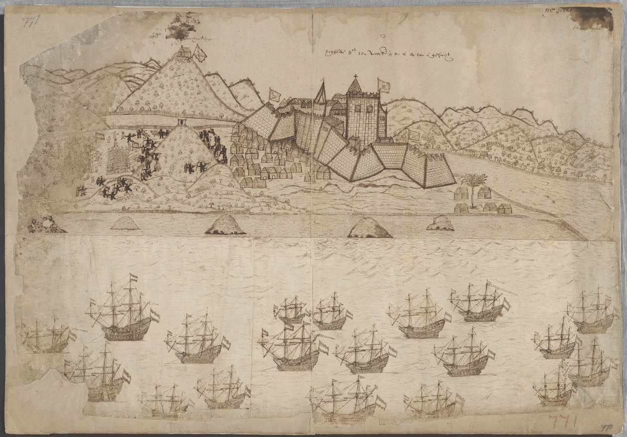 Gezicht op het fort en de rede van Elmina door Hans Propheet