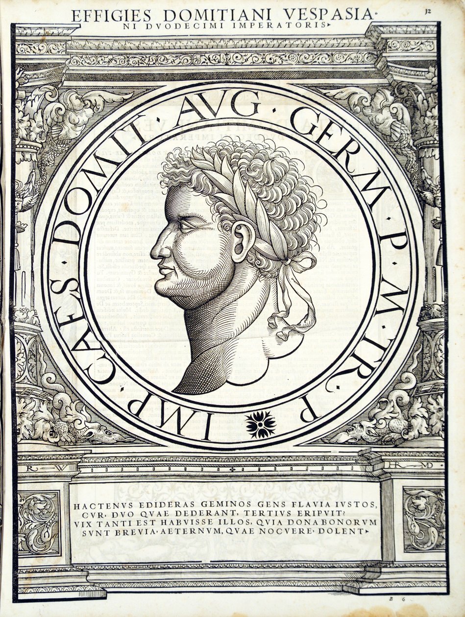 Domitianus, illustratie uit Imperatorum romanorum omnium orientalium et occidentalium verissimae imagines ex antiquis numismatis, houtsnede door Rudolph Wyssenbach, gedrukt door Andreas Gesner, Zürich door Hans Rudolf Manuel Deutsch