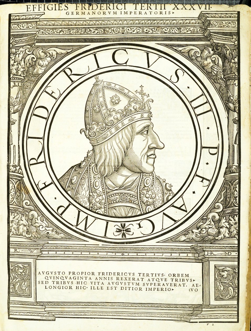 Fridericus III, illustratie uit Imperatorum romanorum omnium orientalium et occidentalium verissimae imagines ex antiquis numismatis door Hans Rudolf Manuel Deutsch
