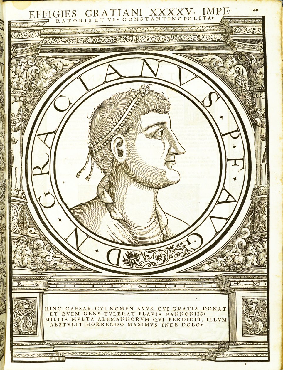 Gratianus, illustratie uit Imperatorum romanorum omnium orientalium et occidentalium verissimae imagines ex antiquis numismatis, houtsnede door Rudolph Wyssenbach, gedrukt door Andreas Gesner, Zürich door Hans Rudolf Manuel Deutsch