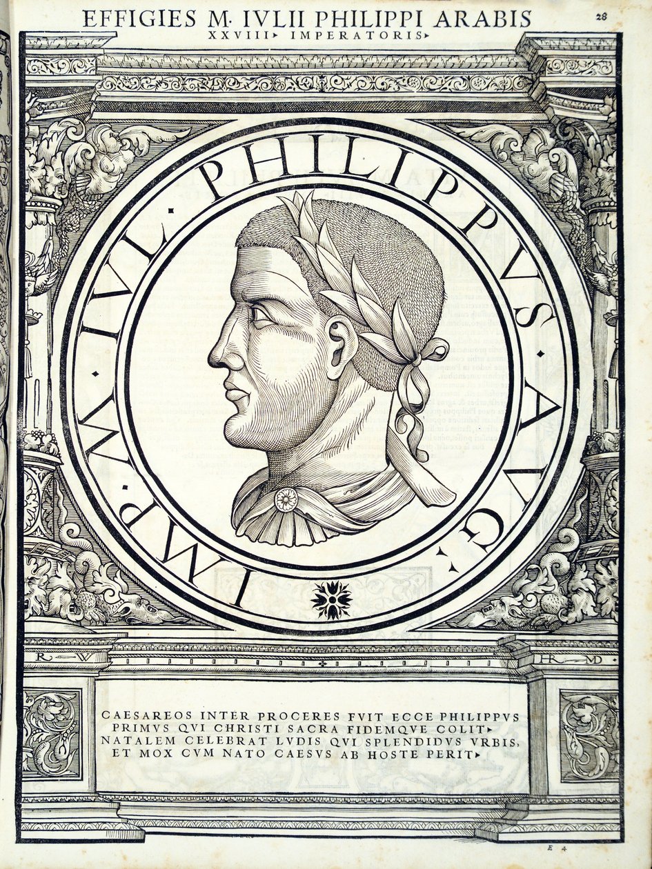 Iulius Philippus, illustratie uit Imperatorum romanorum omnium orientalium et occidentalium verissimae imagines ex antiquis numismatis, houtsnede door Rudolph Wyssenbach, gedrukt door Andreas Gesner, Zürich door Hans Rudolf Manuel Deutsch