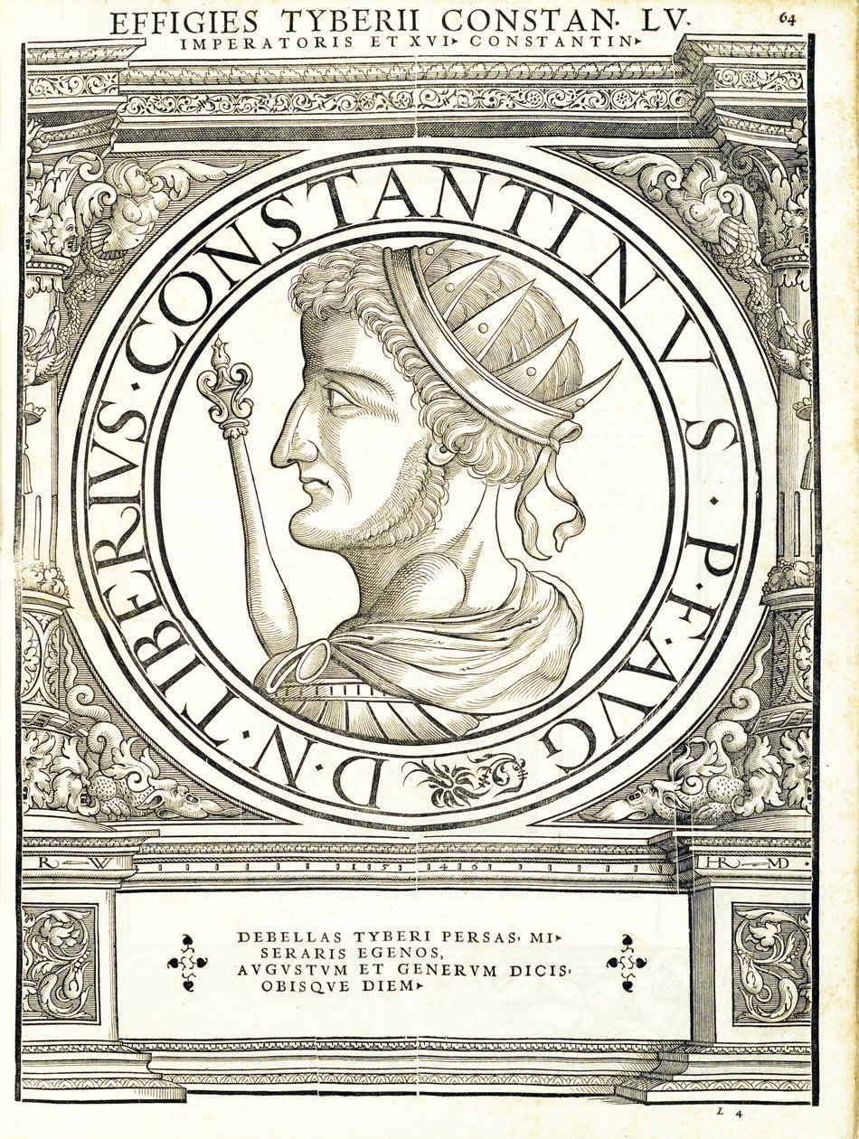 Tyberius Constantinus, illustratie uit Imperatorum romanorum omnium orientalium et occidentalium verissimae imagines ex antiquis numismatis, houtsnede door Rudolph Wyssenbach, gedrukt door Andreas Gesner, Zürich door Hans Rudolf Manuel Deutsch