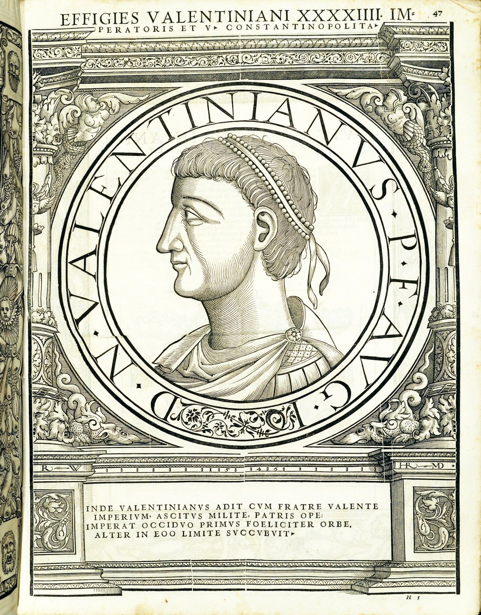 Valentinianus, illustratie uit Imperatorum romanorum omnium orientalium et occidentalium verissimae imagines ex antiquis numismatis, houtsnede door Rudolph Wyssenbach, gedrukt door Andreas Gesner, Zürich door Hans Rudolf Manuel Deutsch