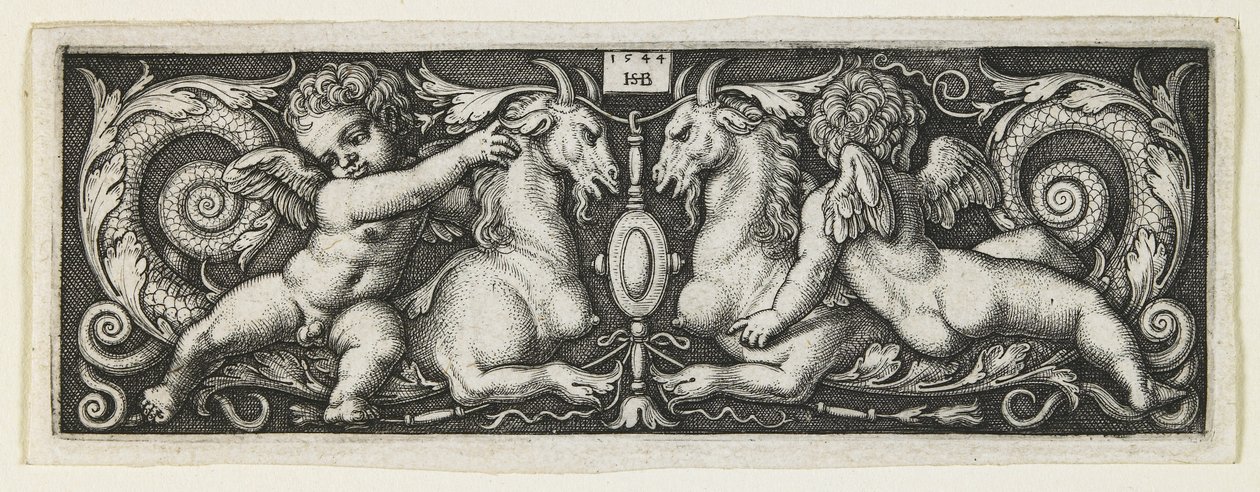 Ornament met twee genii rijdend op twee chimera