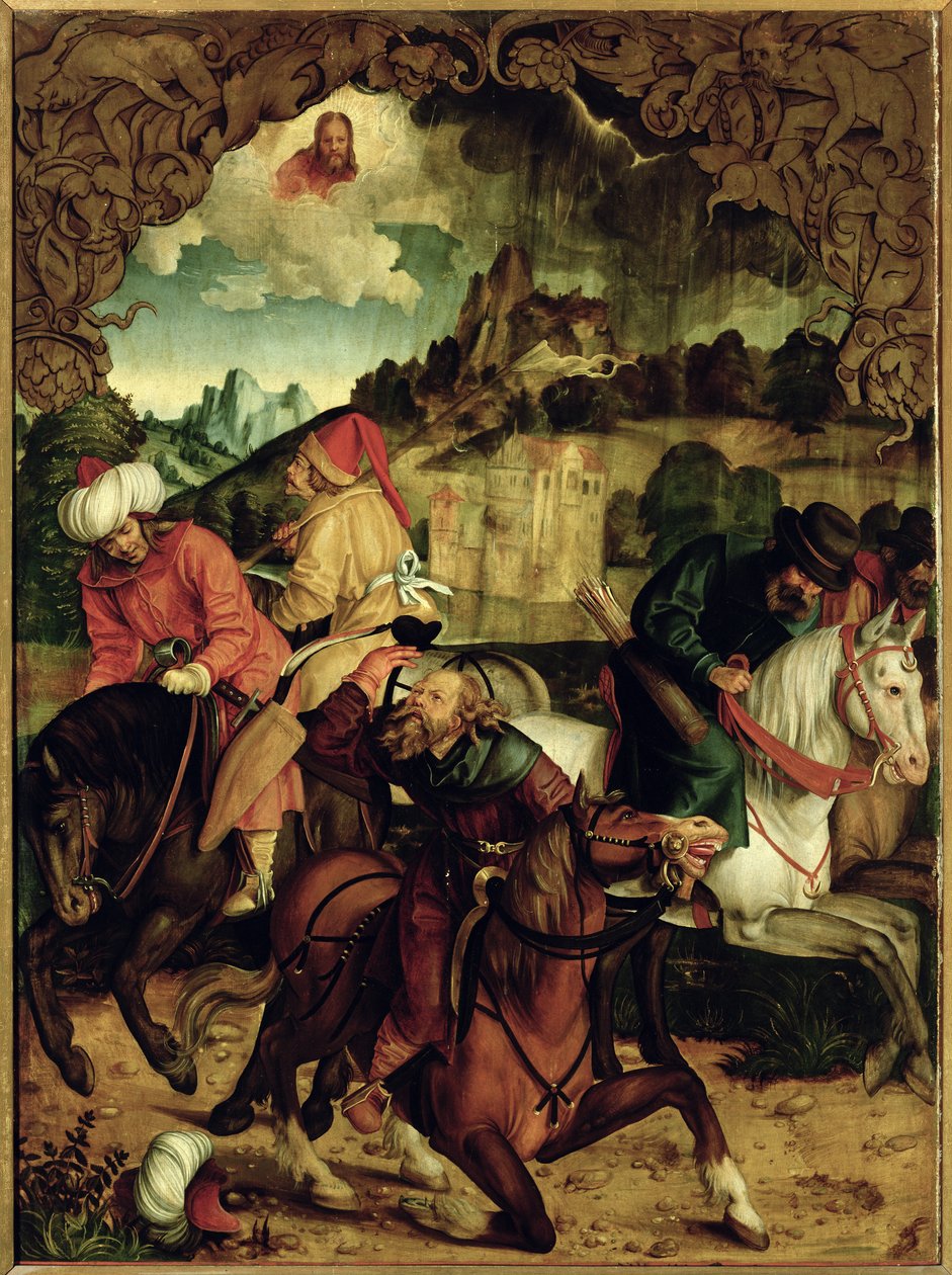 De Bekering van St. Paulus, uit een polyptiek die Scènes uit de Levens van SS. Petrus en Paulus afbeeldt (detail) door Hans Suess Kulmbach