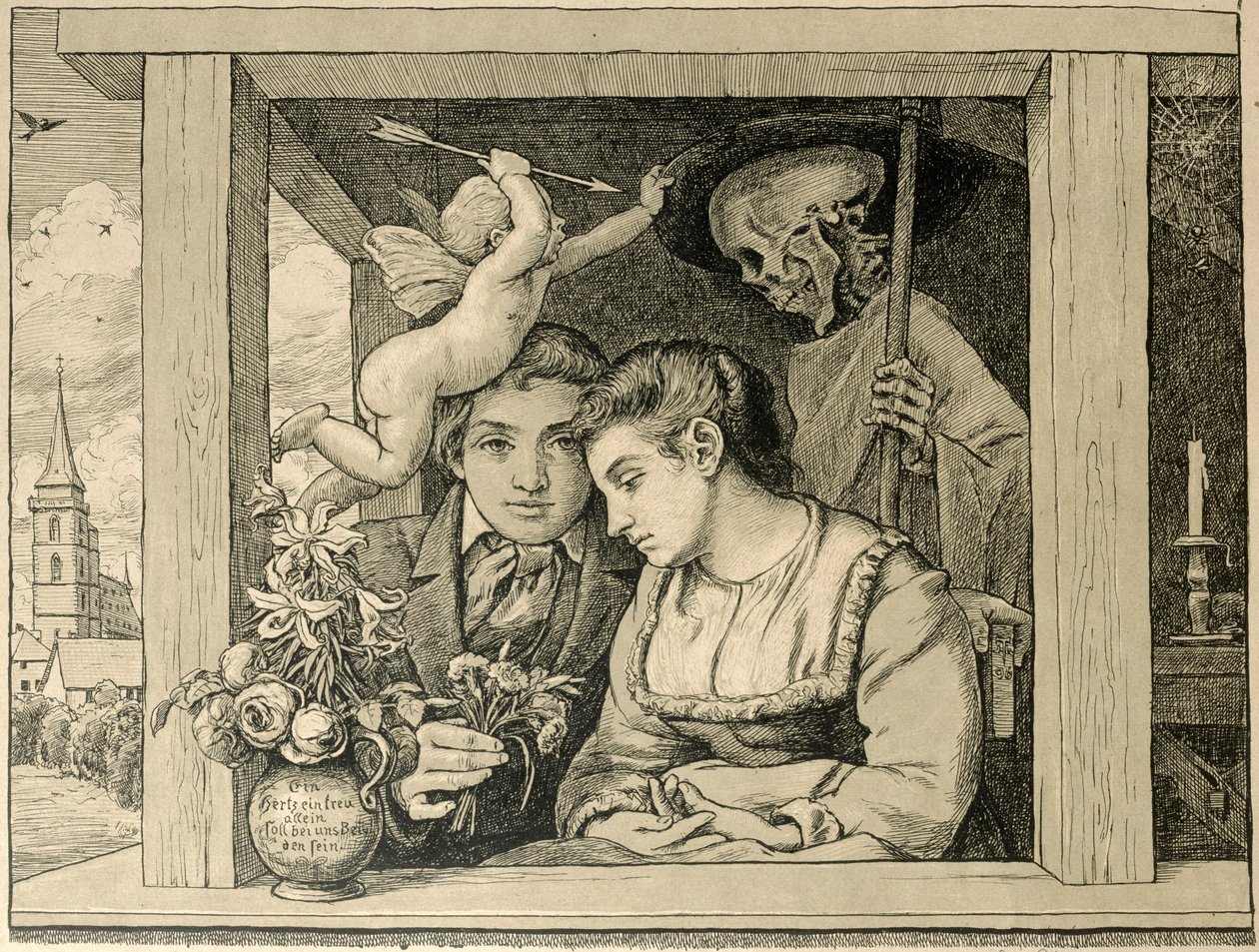 Dood van de Maaier (Liefde en Dood, De Pasgetrouwden) 1896 door Hans Thoma