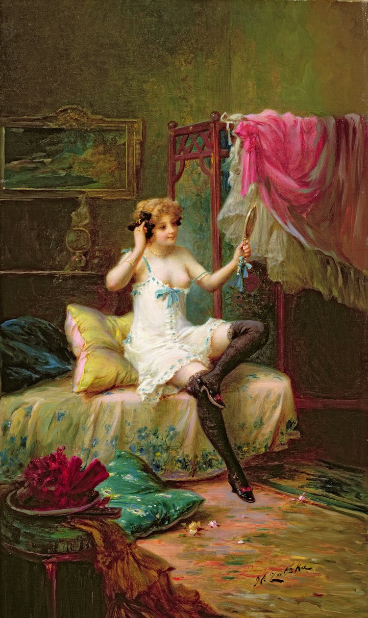 Een meisje dat in een spiegel kijkt door Hans Zatzka