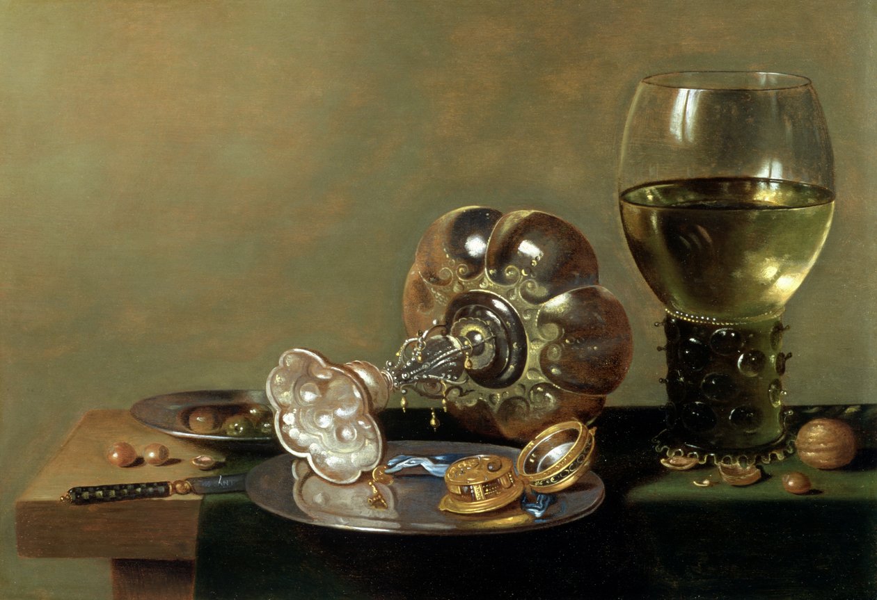 Stilleven met glas wijn, tazza en een tinnen bord door Hans van Sant