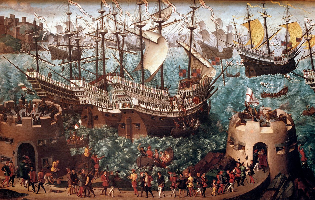 Inscheping van Hendrik VIII in Dover op de galjoen Henri Grace a Dieu ter gelegenheid van het verdrag met François I op 7/06/1520 door Hans (after) Holbein the Younger