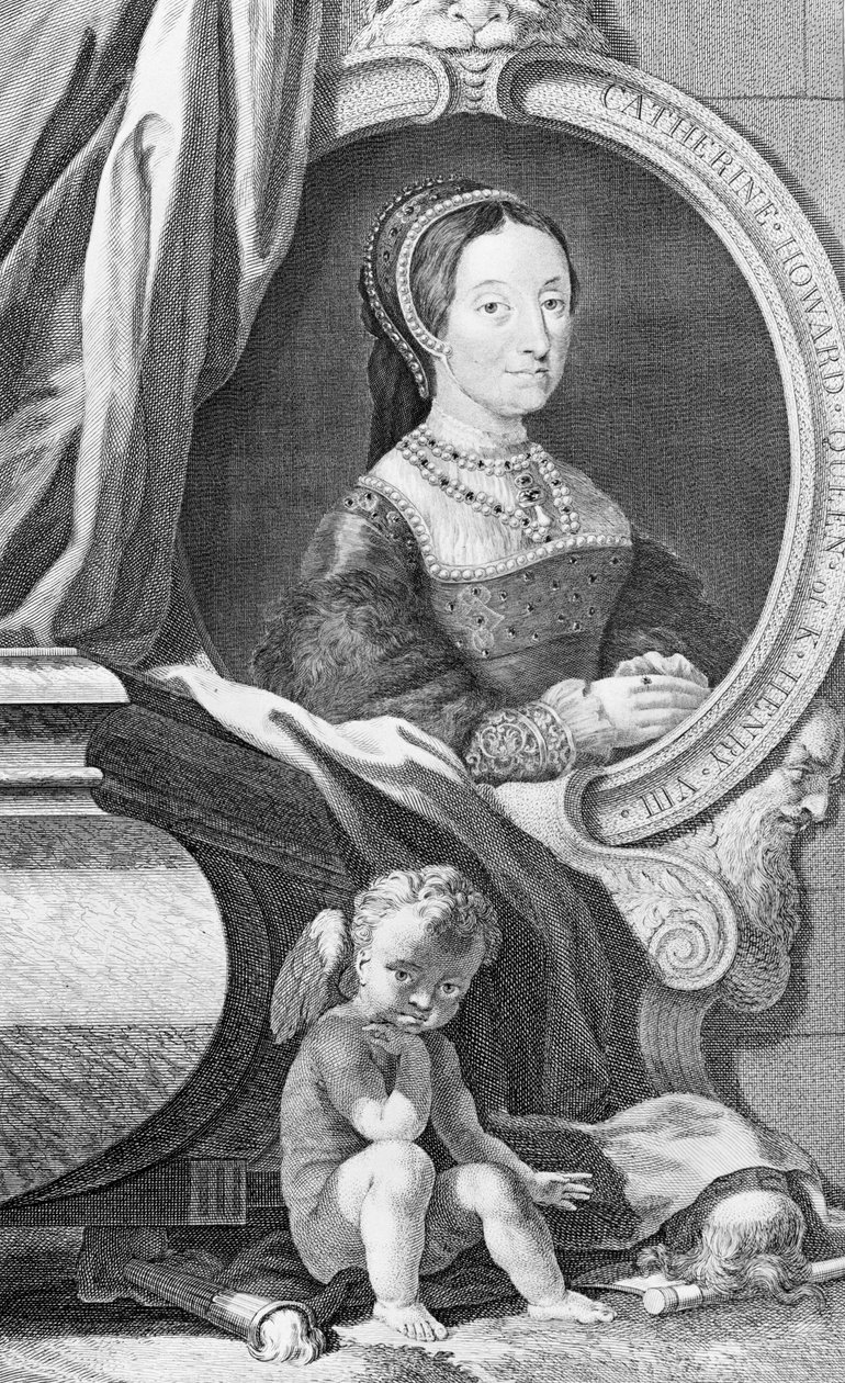 Portret van Catherine Howard, gegraveerd door Jacobus Houbraken (gravure) door Hans (after) Holbein the Younger