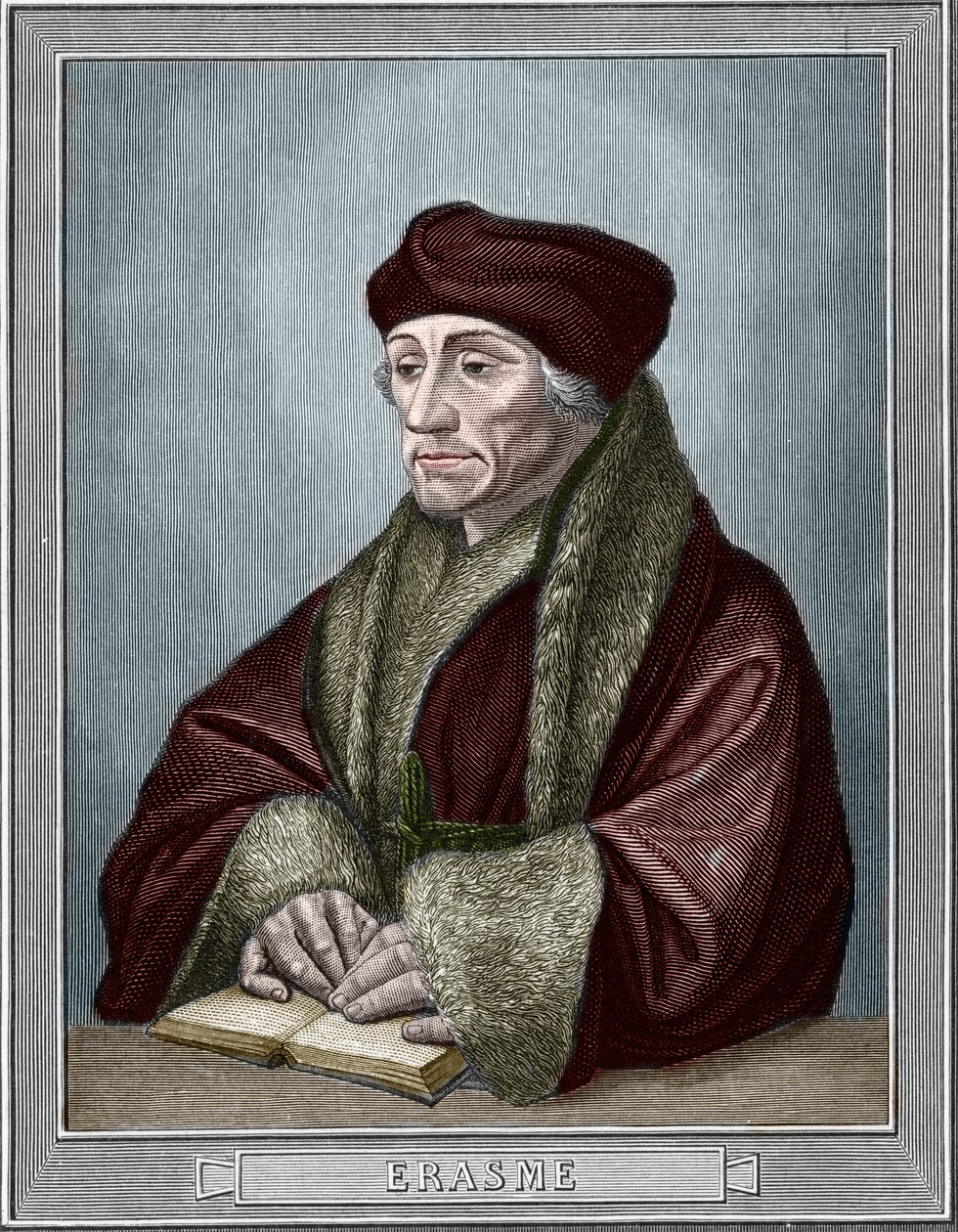 Portret van Didier Erasme (Erasmus van Rotterdam) (1469 - 1536), Nederlandse humanist. Gravure naar het origineel van Holbein Hans de Jonge (1497-1543). Gravure uit 1859 in 
