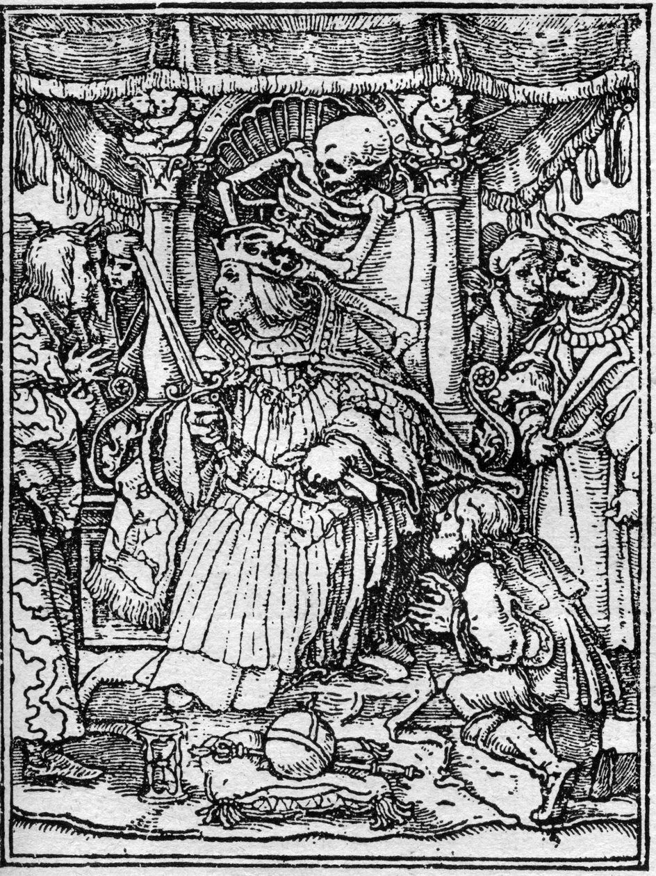 De simulaties van de dood van Hans Holbein de Jonge (1497-1543): de keizer. Terwijl de Dood de kroon van de keizer wegneemt, smeekt een boer hem om gerechtigheid. Gravure door Hans (after) Holbein the Younger