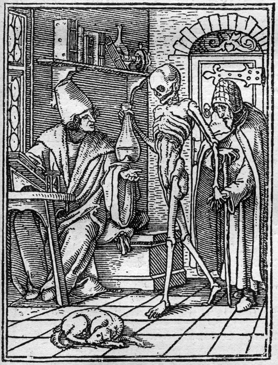 De simulaties van de dood van Hans Holbein de Jonge: de dokter. De Dood komt tussen de dokter en zijn patiënt. Gravure. door Hans (after) Holbein the Younger