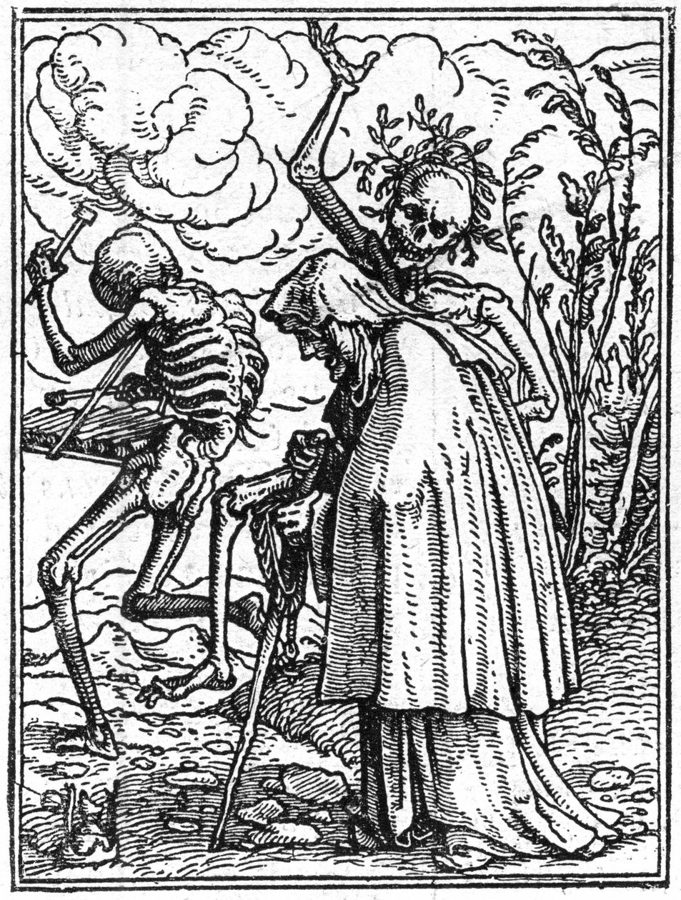 De simulacra van de dood van Hans Holbein de Jongere (1497-1543): de oude. De dood vergezelt een oude dame naar haar bestemming. Gravure. door Hans (after) Holbein the Younger