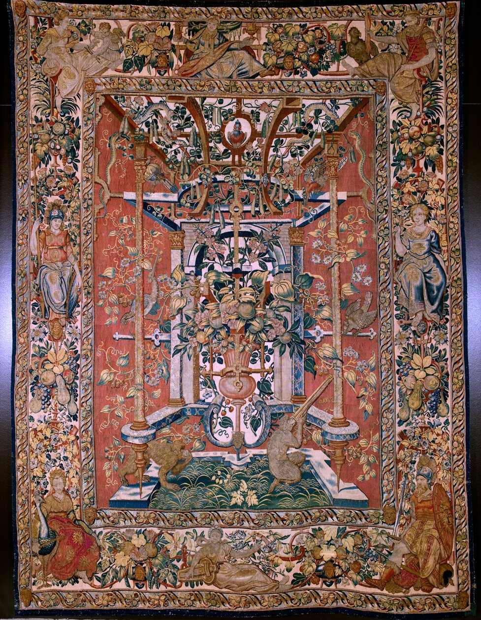 Vlaamse wandtapijt. Serie grotesken met apen: Apen schieten met een haakbus. Cartonist Hans Vredeman de Vries (?). Atelier Seger Bombeck, Brussel. 1542-1560. door Hans (after) Vredeman de Vries
