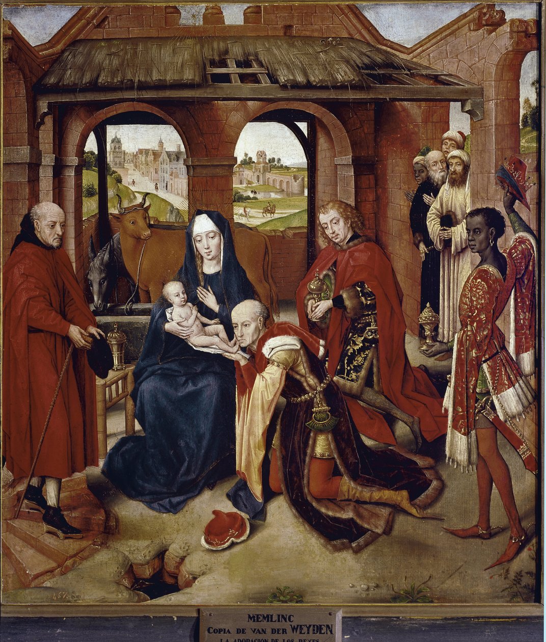 Aanbidding der Wijzen (centraal paneel van Polyptiek van Loo) door Hans (attr.to) Memling