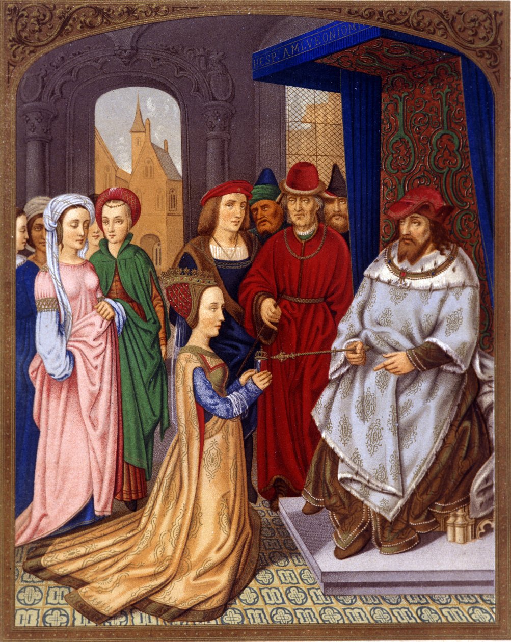 De koningin van Sheba voor Salomo - Miniatuur uit het brevier van kardinaal Grimani toegeschreven aan Memling, Biblioteca Marciana, Venetië. 15e eeuw. door Hans (attr.to) Memling