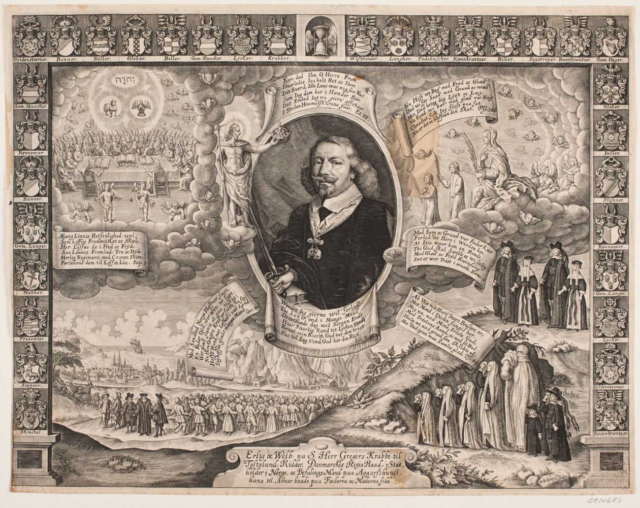 Gregers Krabbe van Torstedlund omringd door allegorische voorstellingen en wapenschilden door Hans Andreas Greys