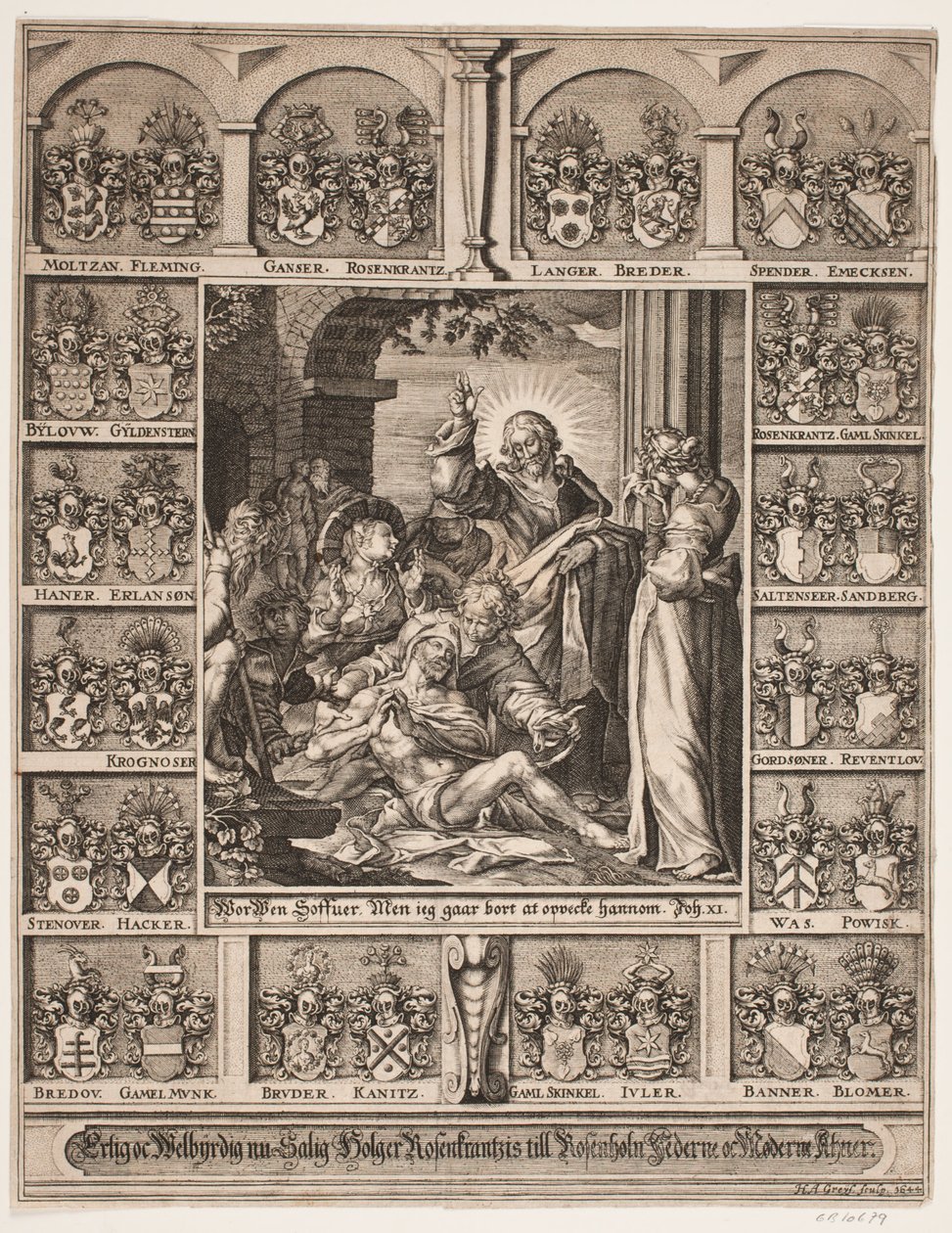 De opwekking van Lazarus. Omringd door de wapenschilden van Holger Rosenkrantz door Hans Andreas Greys
