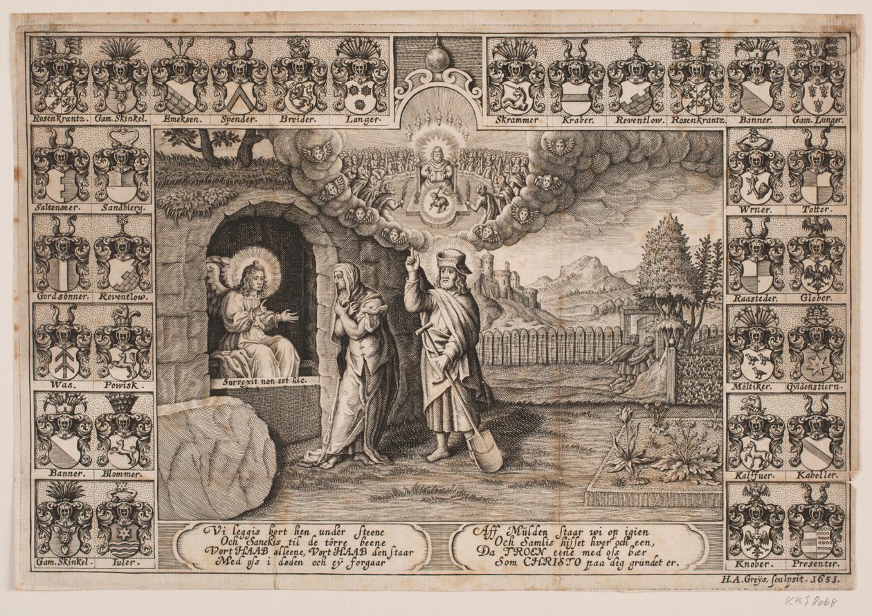 Titelblad voor lijkrede over Ida Langs met voorstelling van Christus als tuinman en Maria Magdalena door Hans Andreas Greys