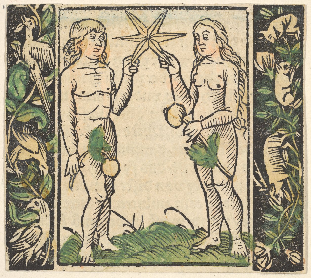 Adam en Eva die een ster vasthouden, illustratie uit Beschlossen Gart des Rosenkranz Mariae door Hans Baldung