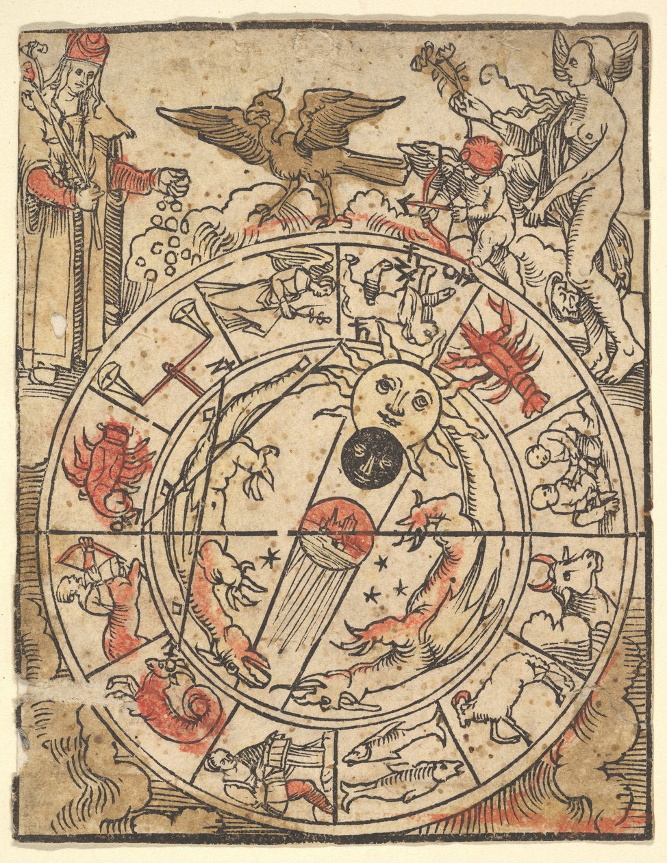 Kaart van de Tekens van de Dierenriem met Venus, Cupido en een Bisschop Heilige door Hans Baldung