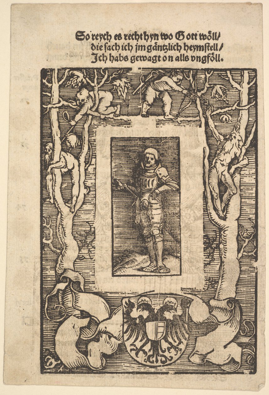 Titelrand met man in harnas in het midden door Hans Baldung