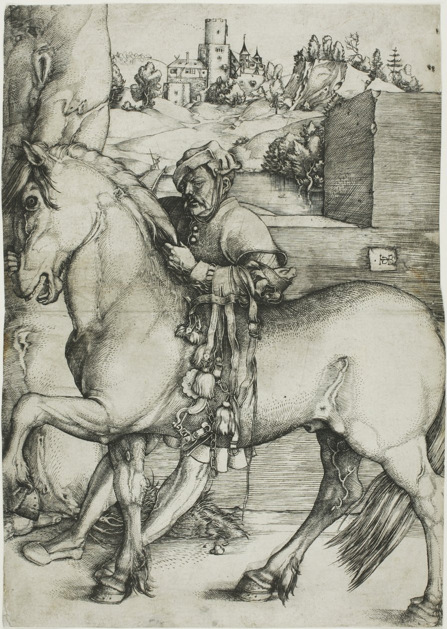 Een stalknecht die een paard opzadelt door Hans Baldung Grien