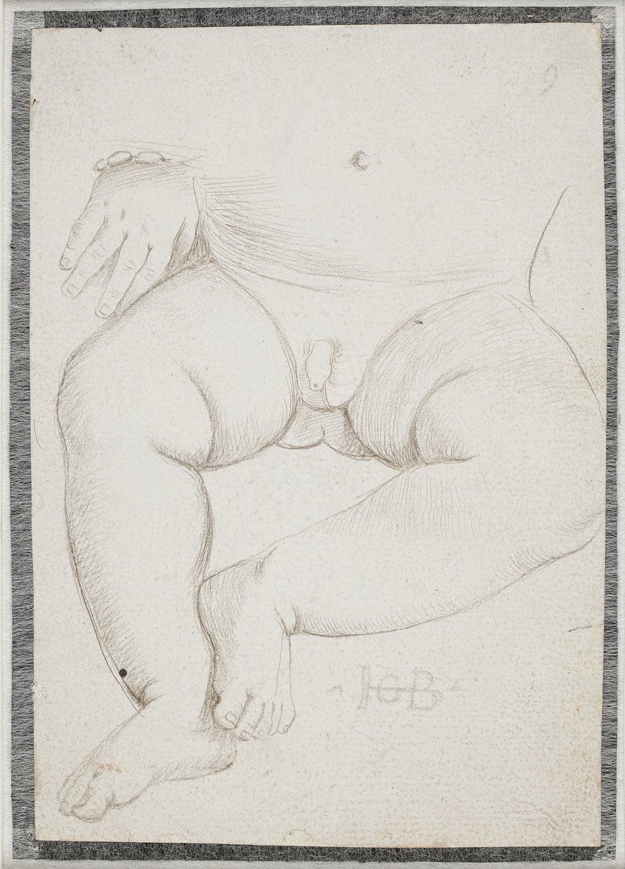 Buik, schoot, been en een hand met armband van een kleine jongen door Hans Baldung Grien