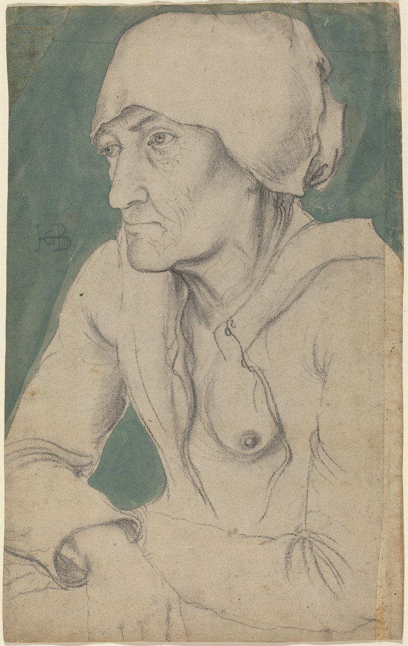 Halffiguur van een oude vrouw met een kap door Hans Baldung Grien