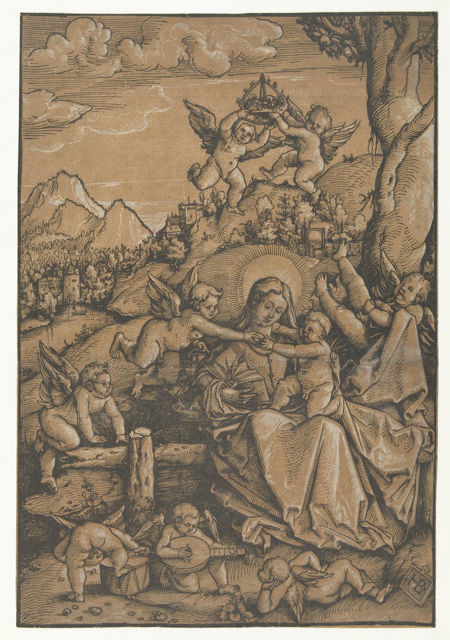 Maria met kind met acht engeltjes in een landschap door Hans Baldung Grien