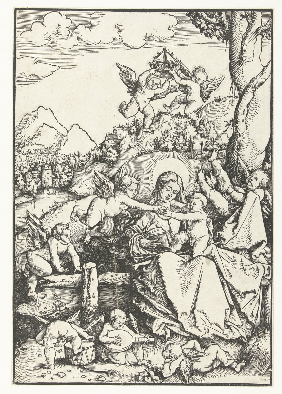 Maria met kind met acht engeltjes in een landschap door Hans Baldung Grien