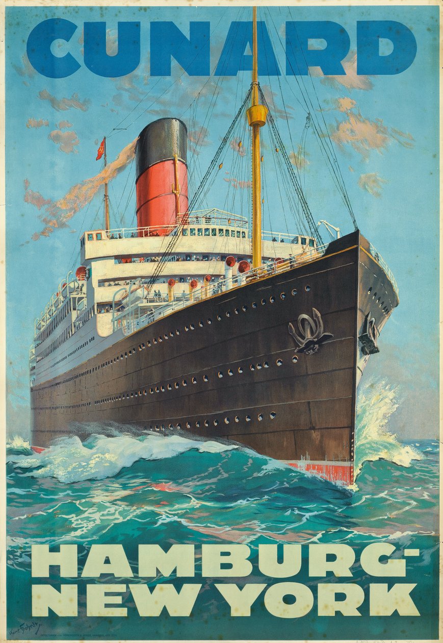 Poster die reizen tussen Hamburg en New York adverteert met de rederij Cunard door Hans Bohrdt