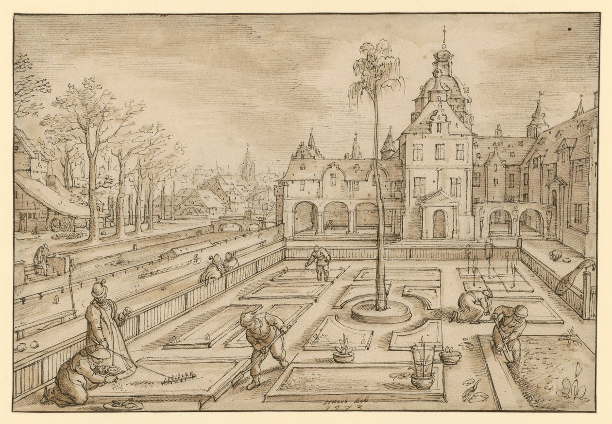Onderhoud van een kasteeltuin in het vroege voorjaar, vermoedelijk uit een reeks maandvoorstellingen door Hans Bol