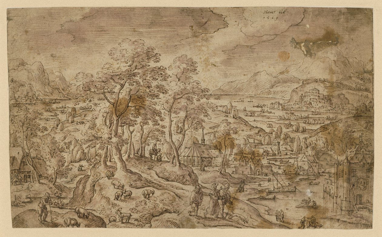 Christus op weg naar Emmaüs in een uitgestrekt landschap door Hans Bol