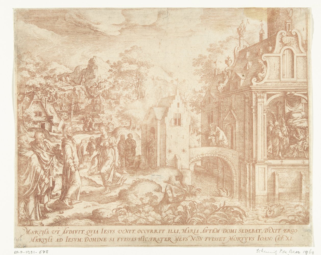 Christus komt aan bij het huis van Lazarus, Marta en Maria Magdalena door Hans Bol