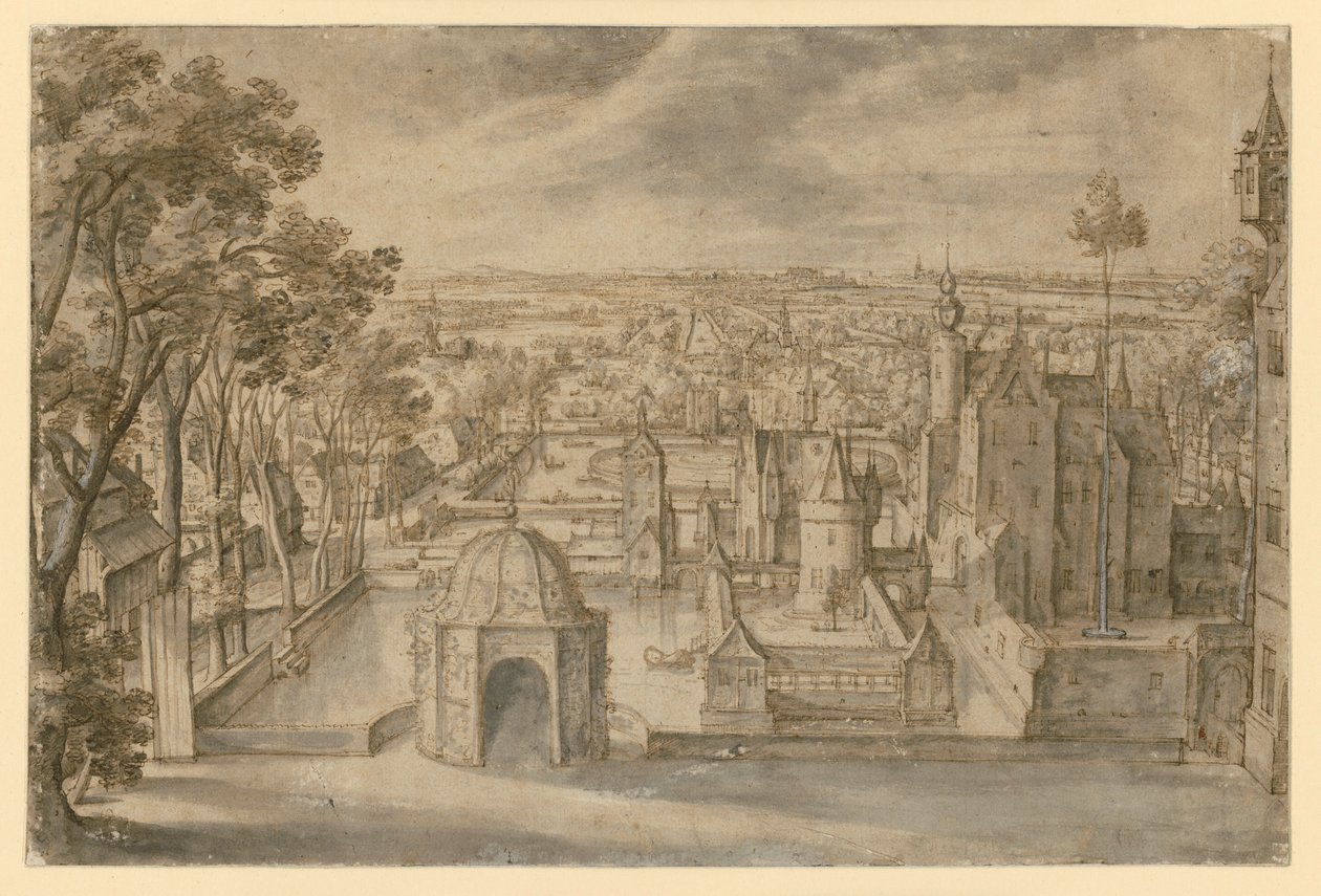 Een kasteel met meerdere torens in een uitgestrekt, vlak landschap tussen vijvers. Een rond tuinpaviljoen in het midden van de voorgrond. Links een laan door Hans Bol