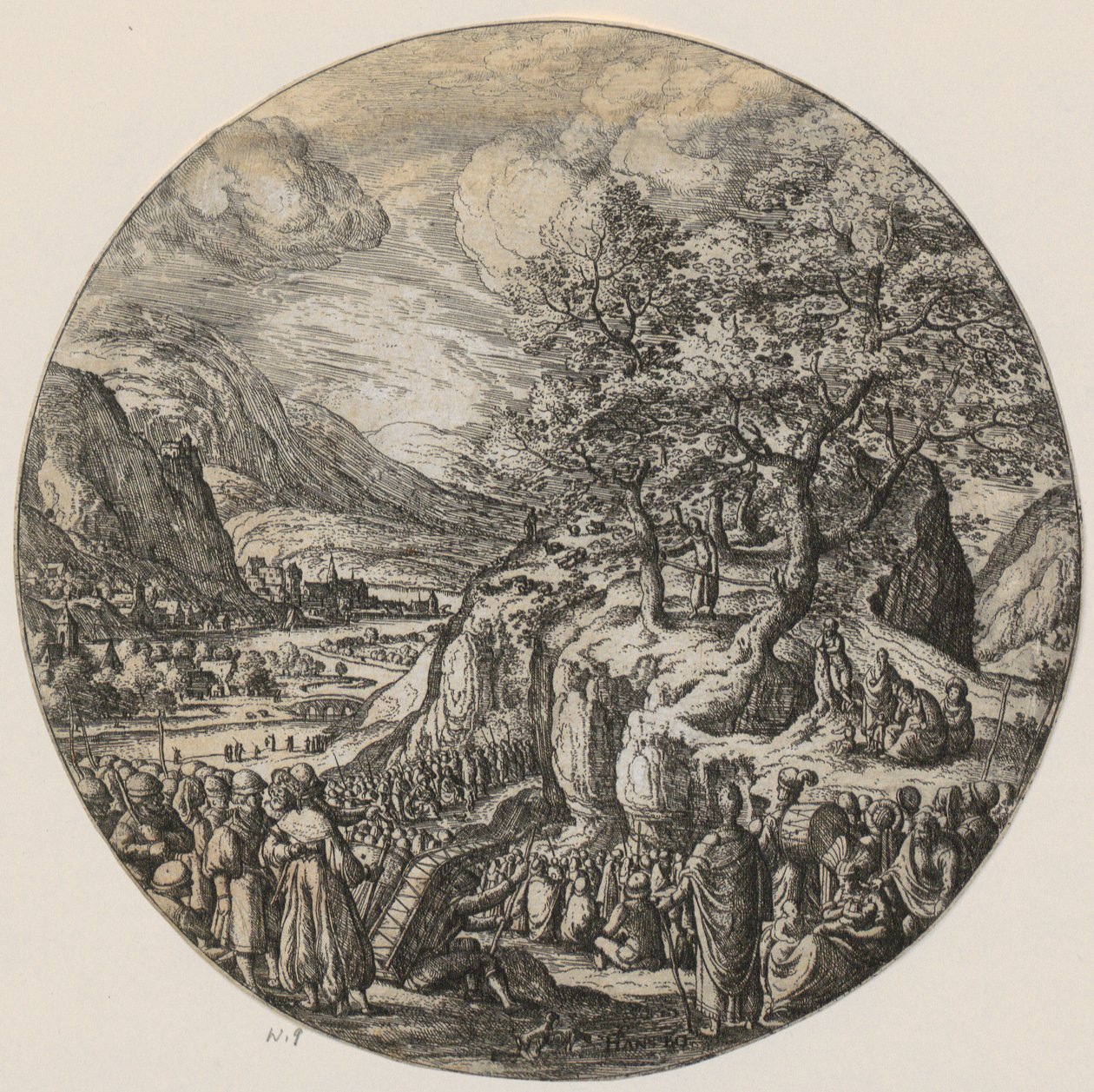 Johannes de Doper predikt in de woestijn door Hans Bol