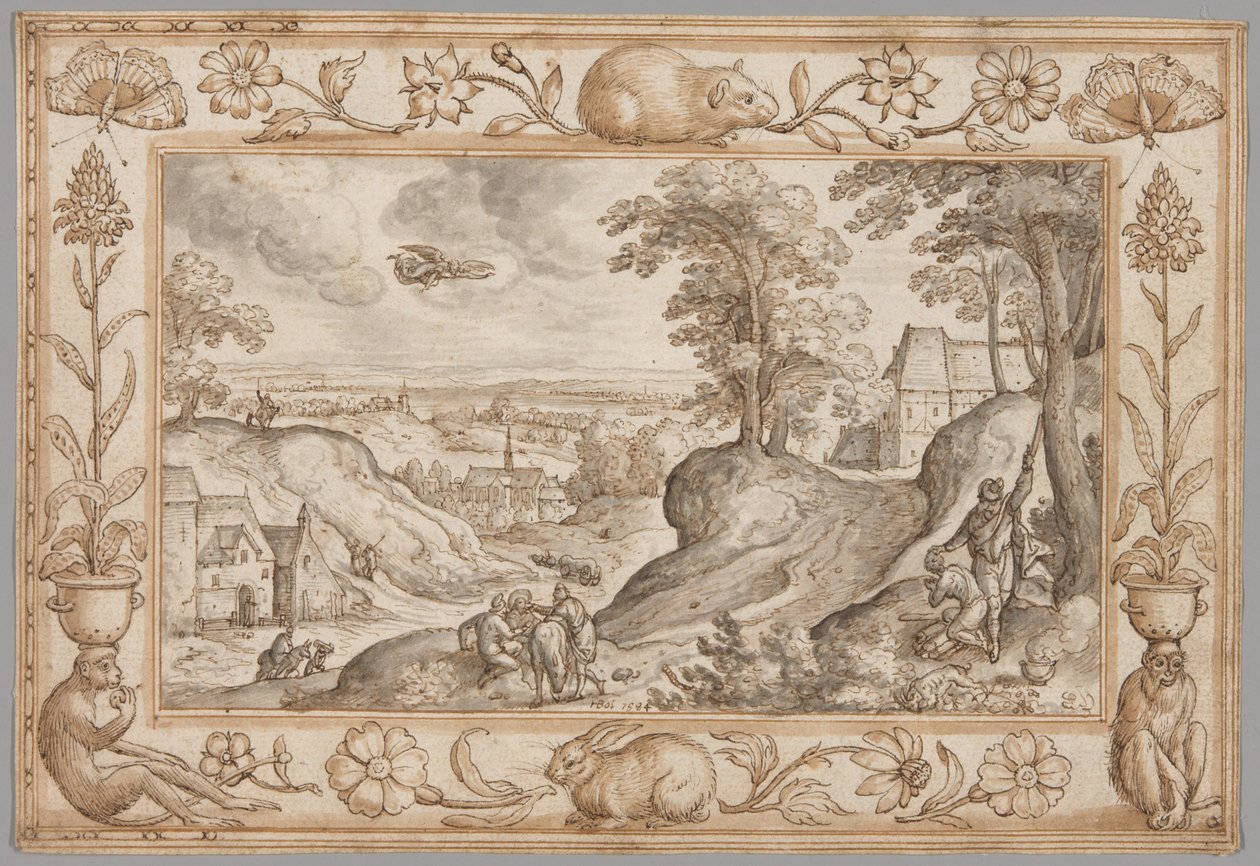 Landschap met het offer van Isaac binnen een decoratieve rand van planten en dieren door Hans Bol