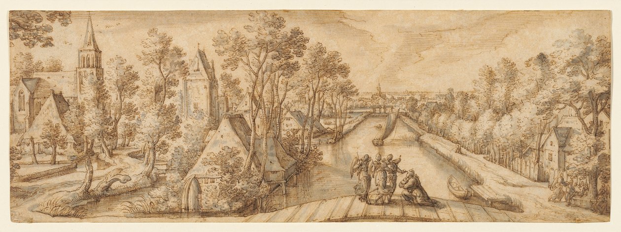 Gezicht op Delfgauw, met Abraham en de drie engelen door Hans Bol