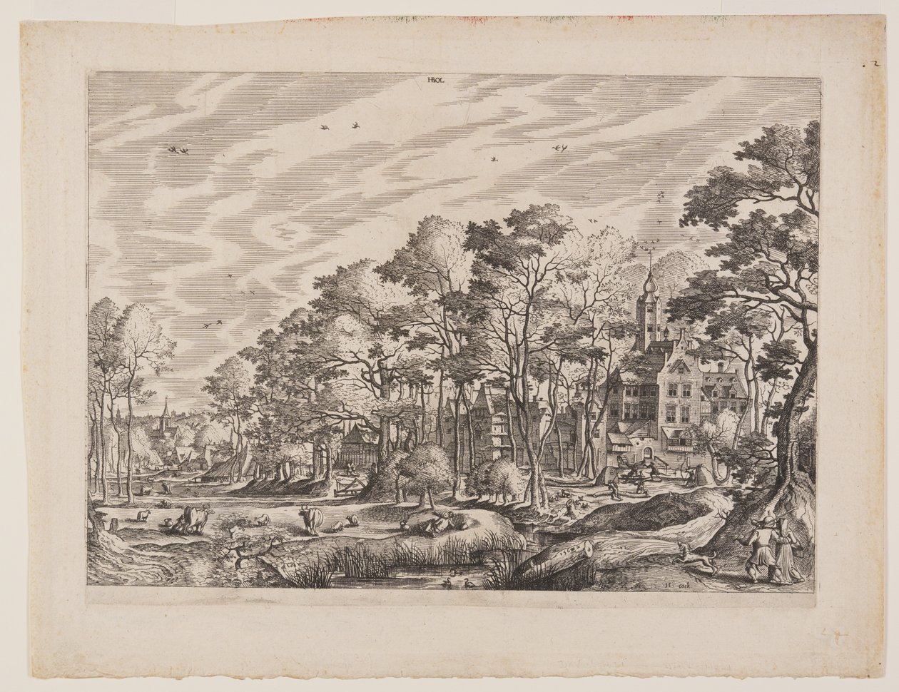 Gezicht op een dorp met een kasteel naar rechts, plaat 1 uit Landschappen met dorpsgezichten door Hans Bol