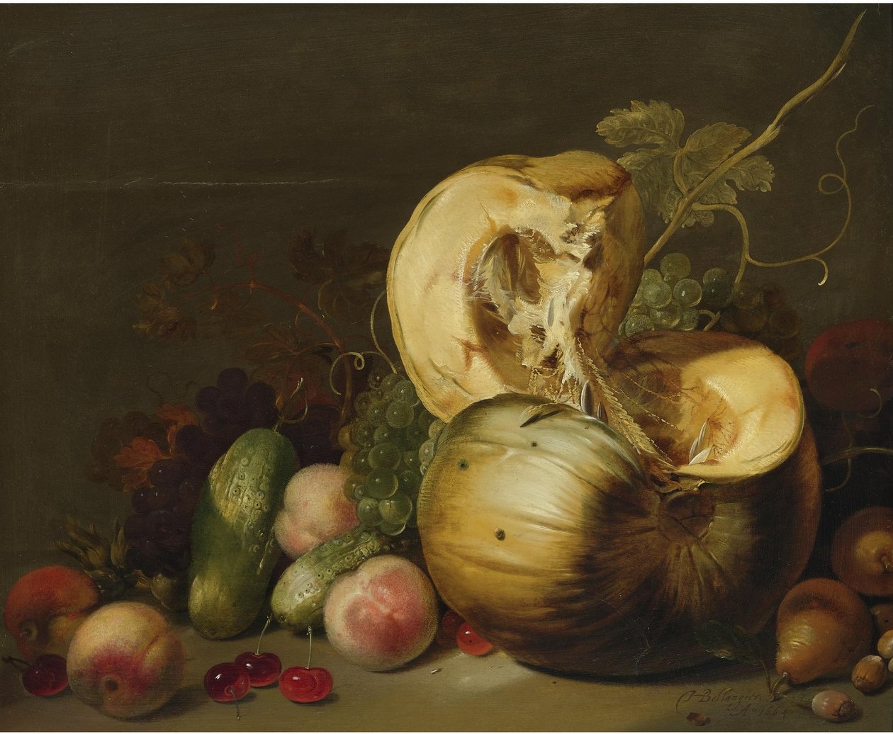 Stilleven met een pompoen, perziken, druiven, kersen en ander fruit door Hans Bollongier