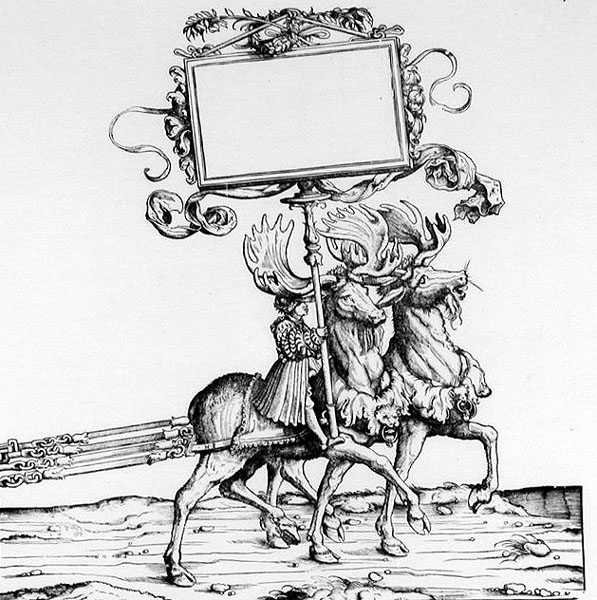 Een paar herten die een koets leiden, uit Maximiliaans Triomftocht, c.1516-18 door Hans Burgkmair