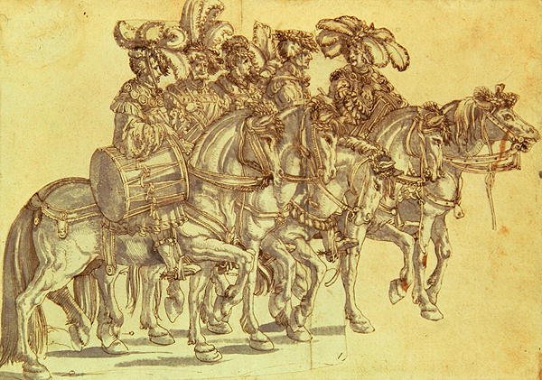 Vijf trommelaars te paard, ca. 1500 door Hans Burgkmair