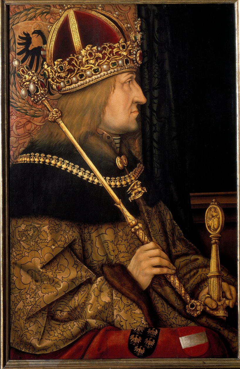 Portret van Frederik III, Heilige Roomse Keizer genaamd de Vredelievende, naar een origineel uit 1468 door Hans Burgkmair