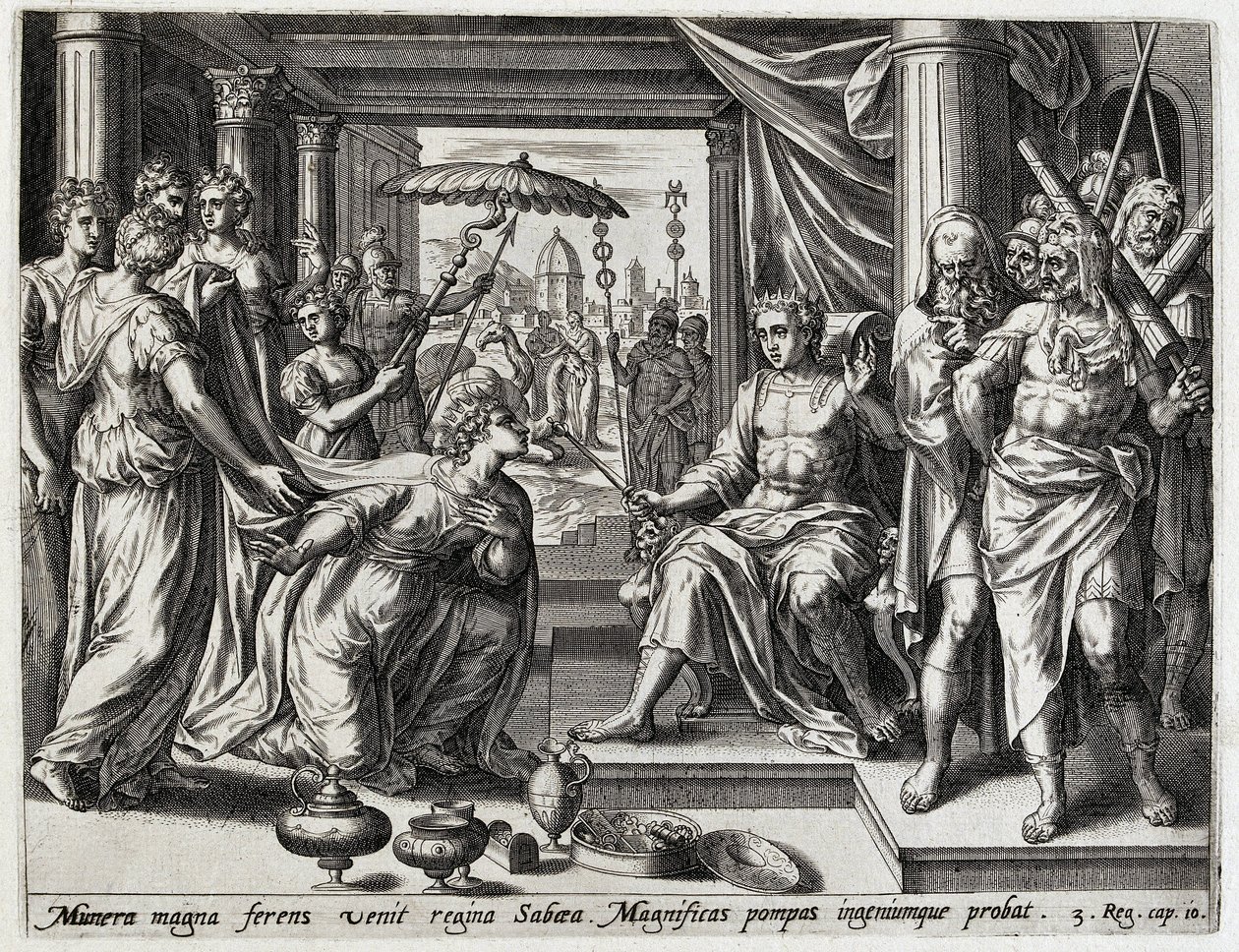 Salomo ontvangt de koningin van Seba door Hans Collaert (I) (attributed to)