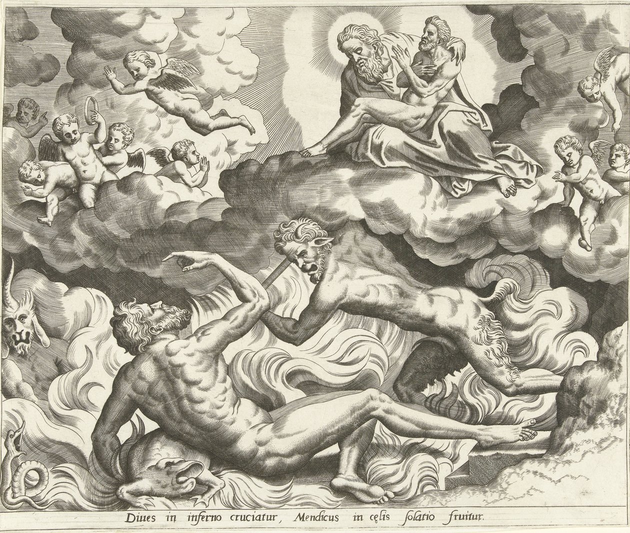 Lazarus in de hemel en de rijke man in de hel door Hans Collaert (I) (possibly)