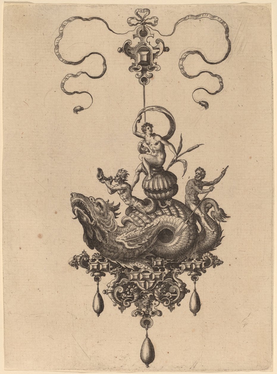 Ontwerp voor een hanger met zeemonster dat een vrouw op een schelp draagt, geflankeerd door een triton en een man met een roeispaan door Hans Collaert the Elder